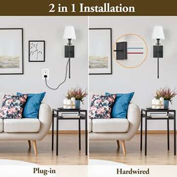 Set of 2 Slim Wall Sconces with White Fabric Shade, Plug in or Hardwired Indoor Wall Lights, Matte Black Bedside Wall Lantern Metal Column Stand Wall Lamp for Bedroom Living Room Vanity Bathroom
