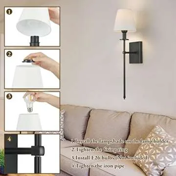 Set of 2 Slim Wall Sconces with White Fabric Shade, Plug in or Hardwired Indoor Wall Lights, Matte Black Bedside Wall Lantern Metal Column Stand Wall Lamp for Bedroom Living Room Vanity Bathroom