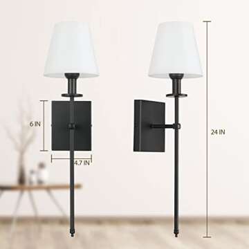 Set of 2 Slim Wall Sconces with White Fabric Shade, Plug in or Hardwired Indoor Wall Lights, Matte Black Bedside Wall Lantern Metal Column Stand Wall Lamp for Bedroom Living Room Vanity Bathroom