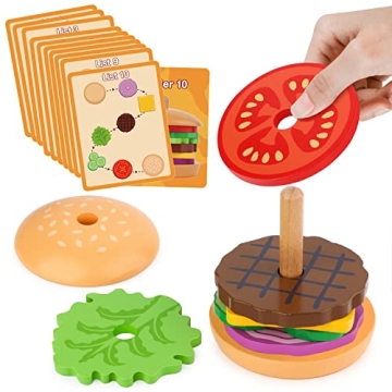Aizweb Montessori Toys for 3 Year Old - Wooden Burger Stacking Toys for Toddlers and Kids Preschool,...