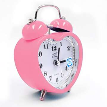 Meyaus 3in Small Heart Shape Loud Twin Bell Plastic Alarm Clock Silent Analog Quartz Nightlight