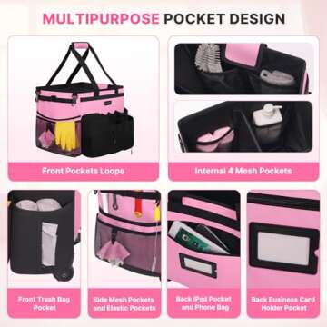 JKAOO Large Rolling Cleaning Caddy Bag with Detachable Trolley, Waterproof Cleaning Caddy on Wheels for Housekeepers, Cleaning Cart Supplies Organizer for Home,Car,Office,Picnic (Pink) (in Patent)