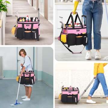 JKAOO Large Rolling Cleaning Caddy Bag with Detachable Trolley, Waterproof Cleaning Caddy on Wheels for Housekeepers, Cleaning Cart Supplies Organizer for Home,Car,Office,Picnic (Pink) (in Patent)
