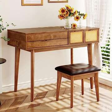 DOINUO 43.3" Wood Makeup Vanity Desk with Flip-top Mirror & Drawers, Vanity Dressing Table Set with ...