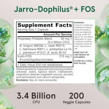Jarrow Formulas Jarro-Dophilus + FOS - 3.4 Billion CFU Per Serving - Prebiotic & Probiotics Supplement for Immune & Intestine Support - Up to 200 Servings (Veggie Capsules)