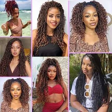 Leeven 7 Packs Faux Locs With Curly Ends 18 Inch Pre-looped Goddess Locs Crochet Hair 84 Strands Natural Black Crochet Bohemian Soft Locs Braiding Hair Extensions With Curls for Women 1B#