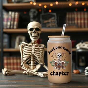GSPY Book Lovers Gifts, 16oz Iced Coffee Glass Cup with Lid & Straw - Just One More Chapter, Reading Tumbler - Valentine Bookish Gifts, Gifts for Readers, Book Themed Gifts for Women, Bookworm