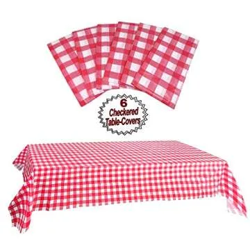 AnapoliZ Plastic Checkered Tablecloth | 6 Pcs Pack - 54” Wide x 108” Long | Red and White Picnic Disposable Table Cover | Rectangular Gingham Tablecover for Birthdays, Carnivals, Parties
