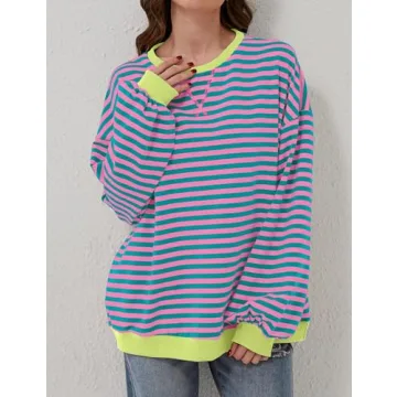 synound Women Striped Color Block Oversized Sweatshirt Crew Neck Long Sleeve Shirt Pullover Top Casual Loose Fit Sweater Pink Green