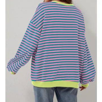 synound Women Striped Color Block Oversized Sweatshirt Crew Neck Long Sleeve Shirt Pullover Top Casual Loose Fit Sweater Pink Green