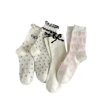 SHENHE Women's 4 Pairs Polka Dots Frilly Socks Lettuce Trim Kawaii Cute Bow Crew Socks White 36-39