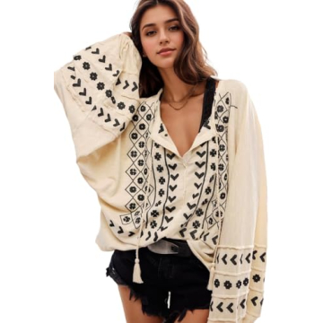 Kedera Boho Embroidered for Women Floral Tops Babydoll Long Sleeve Peasant Blouses Mexican Shirt Bei...