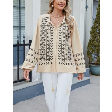 Kedera Boho Embroidered for Women Floral Tops Babydoll Long Sleeve Peasant Blouses Mexican Shirt Beige