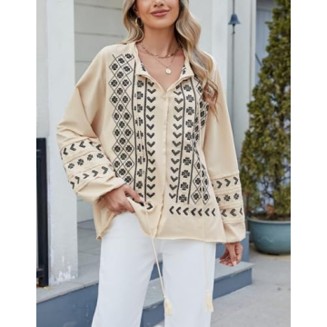Kedera Boho Embroidered for Women Floral Tops Babydoll Long Sleeve Peasant Blouses Mexican Shirt Beige