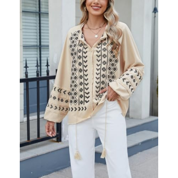 Kedera Boho Embroidered for Women Floral Tops Babydoll Long Sleeve Peasant Blouses Mexican Shirt Beige