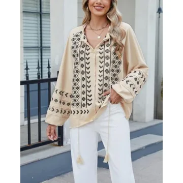 Kedera Boho Embroidered for Women Floral Tops Babydoll Long Sleeve Peasant Blouses Mexican Shirt Beige