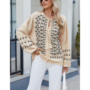 Kedera Boho Embroidered for Women Floral Tops Babydoll Long Sleeve Peasant Blouses Mexican Shirt Beige