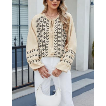 Kedera Boho Embroidered for Women Floral Tops Babydoll Long Sleeve Peasant Blouses Mexican Shirt Beige