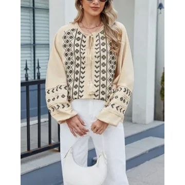 Kedera Boho Embroidered for Women Floral Tops Babydoll Long Sleeve Peasant Blouses Mexican Shirt Beige