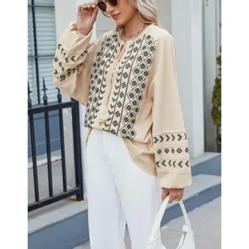 Kedera Boho Embroidered for Women Floral Tops Babydoll Long Sleeve Peasant Blouses Mexican Shirt Beige