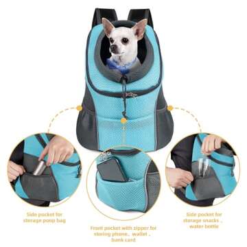 WOYYHO Pet Dog Carrier Backpack with Storage Pockets Small Dog Front Backpack Adjustable Straps Dog Backpack Breathable Dog Front Carrier with Safety Belt for Travel Hiking Cycling Outdoor Use