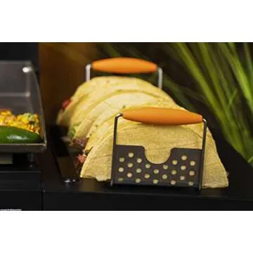 BLACKSTONE 5173 Deluxe Holder Stand Pack of 2 Stainless Steel Racks with Heat Resistant Handles-One Tray Holds 6 Tacos-Dishwasher Safe, Orange/Silver