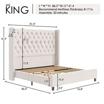 PaPaJet King Platform Bed Frame 61.4" Handmade Headboard Velvet Tall Upholstered Bed Deep Button Tuf...