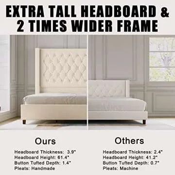 PaPaJet King Platform Bed Frame 61.4" Handmade Headboard Velvet Tall Upholstered Bed Deep Button Tufted/No Box Spring Required/Wood Slat Support/Easy Assembly/Cream