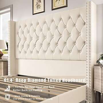 PaPaJet King Platform Bed Frame 61.4" Handmade Headboard Velvet Tall Upholstered Bed Deep Button Tufted/No Box Spring Required/Wood Slat Support/Easy Assembly/Cream