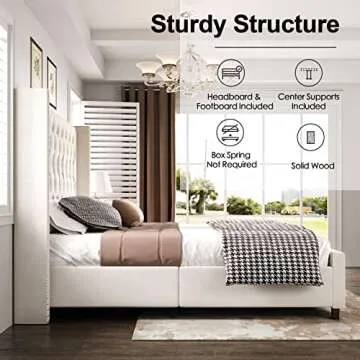 PaPaJet King Platform Bed Frame 61.4" Handmade Headboard Velvet Tall Upholstered Bed Deep Button Tufted/No Box Spring Required/Wood Slat Support/Easy Assembly/Cream