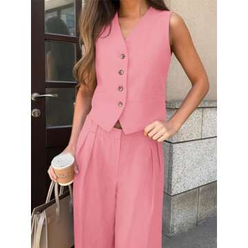 Cicy Bell Women's 2 Piece Outfits V Neck Crop Vest Blazer and Wide Leg Suit Pants Sets Pink
