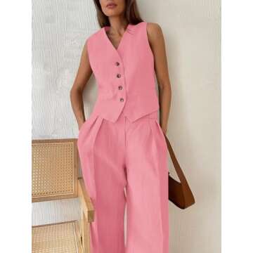 Cicy Bell Women's 2 Piece Outfits V Neck Crop Vest Blazer and Wide Leg Suit Pants Sets Pink