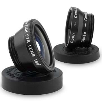 Universal 3 in 1 Cell Phone Camera Lens Kit for Smartphones Including - Fish Eye Lens / 2 in 1 Macro Lens & Wide Angle Lens/Universal Clip/Carry Pouch/Microfiber Cleaning Cloth