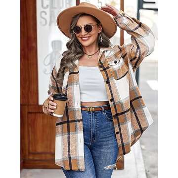 IN'VOLAND Women's Plus Size Flannel Plaid Shacket Casual Button Down Long Sleeve Flannel Shirts Lape...