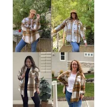 IN'VOLAND Women's Plus Size Flannel Plaid Shacket Casual Button Down Long Sleeve Flannel Shirts Lapel Fall Brown Jacket 18W