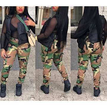 Vakkest Women's Camo Cargo Pants High Waist Slim Fit Trousers Camouflage Active Jogger Pocket Sweatpants with Belt