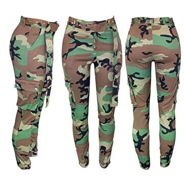Vakkest Women's Camo Cargo Pants High Waist Slim Fit Trousers Camouflage Active Jogger Pocket Sweatpants with Belt