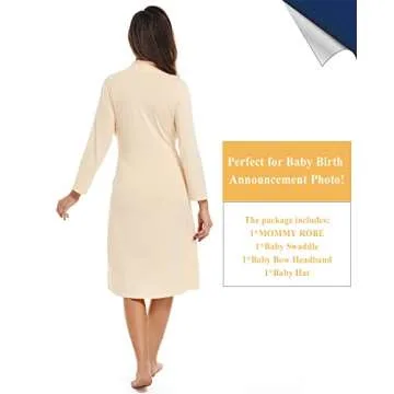 QTECLOR Maternity Robe with Matching Swaddle Blanket Set,Maternity Barhrobe Delivery Labor Robe for Hospital Women Dress