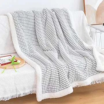 LOMAO Sherpa Blanket Throw Blanket Soft Warm Fleece Blanket Thick Blanket with Grid Pattern for Couch Sofa Bed Chair Home Decor (Grey, 51"x63")