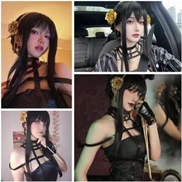 Long Straight Black Wig with Bangs & Bun Black Anime Cosplay Wig Pre-styled Black Costume Wigs Synth...