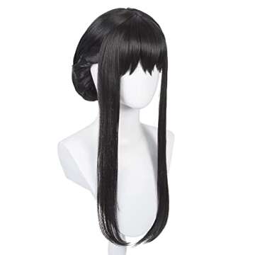 Long Straight Black Wig with Bangs & Bun Black Anime Cosplay Wig Pre-styled Black Costume Wigs Synthetic Hair + Wig Cap for Halloween Party