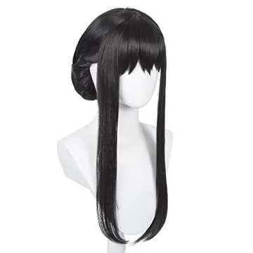 Long Straight Black Wig with Bangs & Bun Black Anime Cosplay Wig Pre-styled Black Costume Wigs Synthetic Hair + Wig Cap for Halloween Party