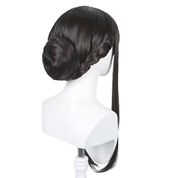 Long Straight Black Wig with Bangs & Bun Black Anime Cosplay Wig Pre-styled Black Costume Wigs Synthetic Hair + Wig Cap for Halloween Party