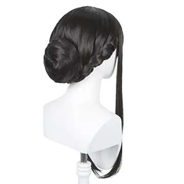 Long Straight Black Wig with Bangs & Bun Black Anime Cosplay Wig Pre-styled Black Costume Wigs Synthetic Hair + Wig Cap for Halloween Party