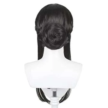 Long Straight Black Wig with Bangs & Bun Black Anime Cosplay Wig Pre-styled Black Costume Wigs Synthetic Hair + Wig Cap for Halloween Party