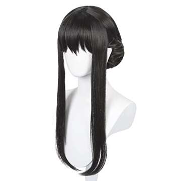 Long Straight Black Wig with Bangs & Bun Black Anime Cosplay Wig Pre-styled Black Costume Wigs Synthetic Hair + Wig Cap for Halloween Party