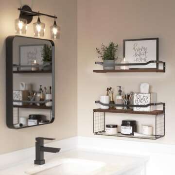 WOPITUES Floating Shelves with Wire Storage Basket, Bathroom Shelves Over Toilet with Protective Met...
