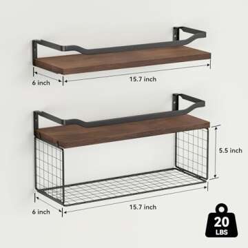 WOPITUES Floating Shelves with Wire Storage Basket, Bathroom Shelves Over Toilet with Protective Metal Guardrail, Wood Wall Shelves for Bathroom, Bedroom, Living Room, Toilet Paper- Dark Brown