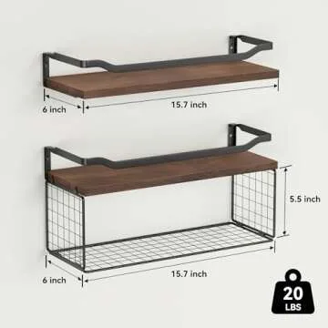 WOPITUES Floating Shelves with Wire Storage Basket, Bathroom Shelves Over Toilet with Protective Metal Guardrail, Wood Wall Shelves for Bathroom, Bedroom, Living Room, Toilet Paper- Dark Brown