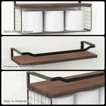 WOPITUES Floating Shelves with Wire Storage Basket, Bathroom Shelves Over Toilet with Protective Metal Guardrail, Wood Wall Shelves for Bathroom, Bedroom, Living Room, Toilet Paper- Dark Brown